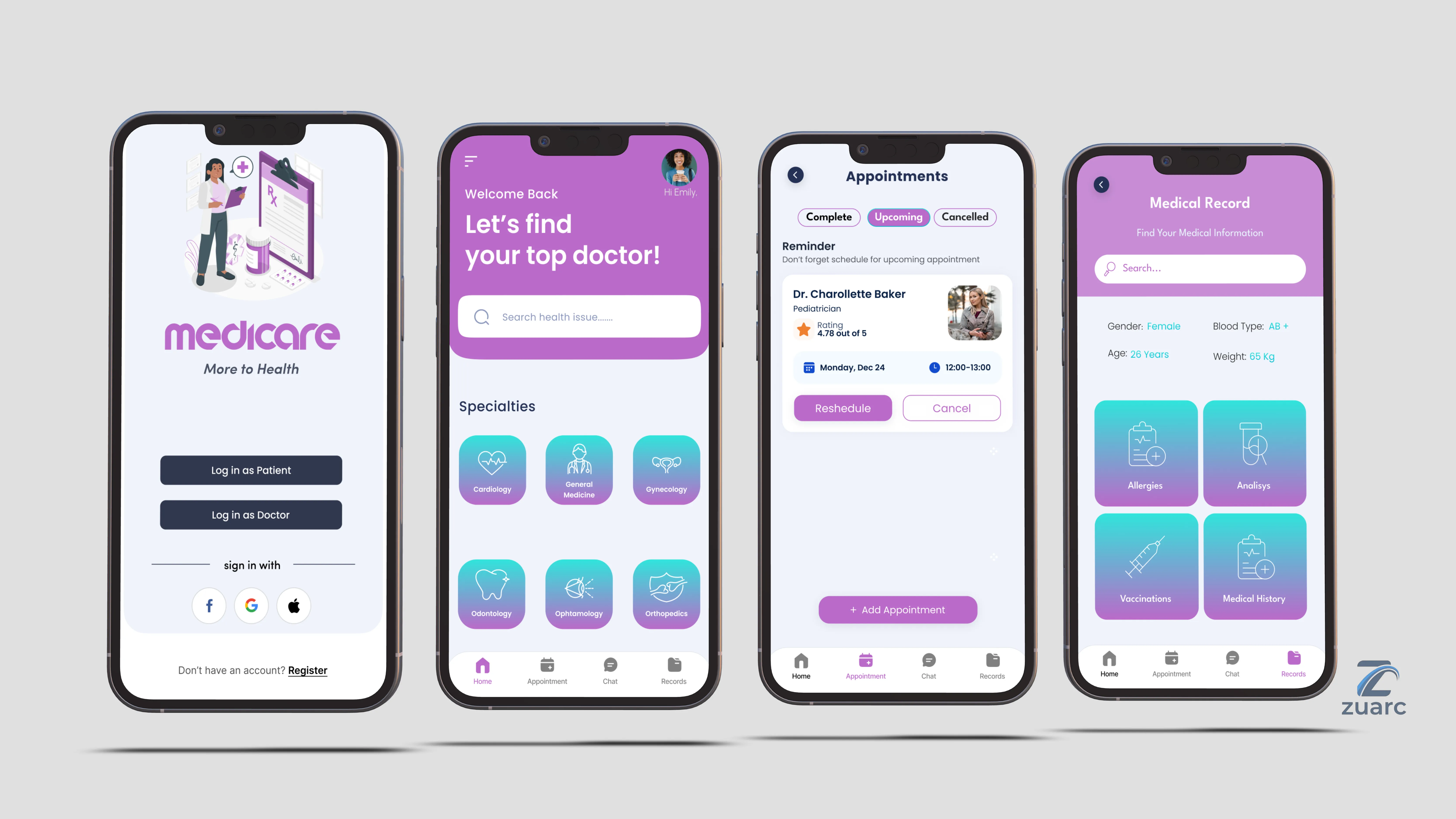 Medicare App — doctor appointment and health records mobile app screens